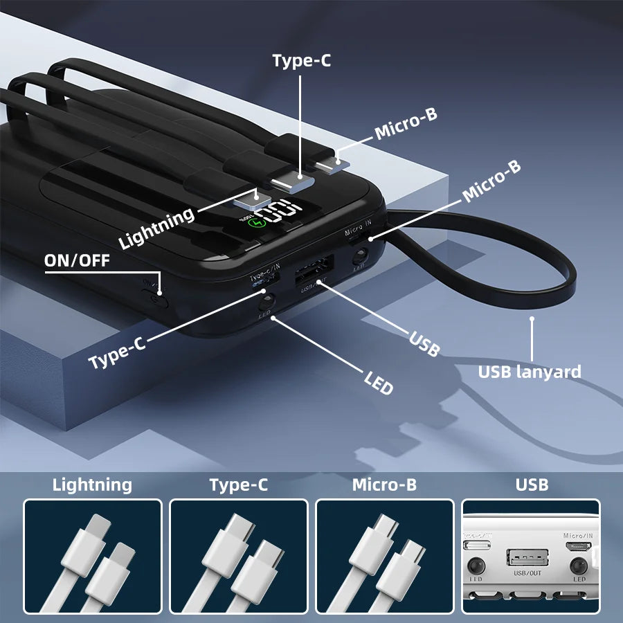 10000mAh Portable Power Bank for Universal Devices Super Fast Charging with Built-in Cable Large Capacity Power Bank for All Smartphones