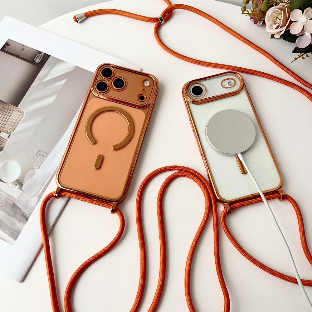 Luxury Necklace Cord Rope Lanyard Plating Magnetic Clear Phone Case For Iphone 17 16 14 11 12 13 15 Pro Max For Magsafe Cover