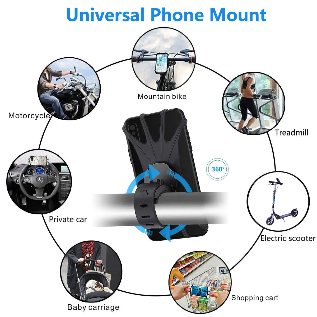 Universal Bike Phone Mount, 360° Rotatable Silicone Holder for 4.7–6.8' Phones, Compatible with IPhone/Samsung Easy Install