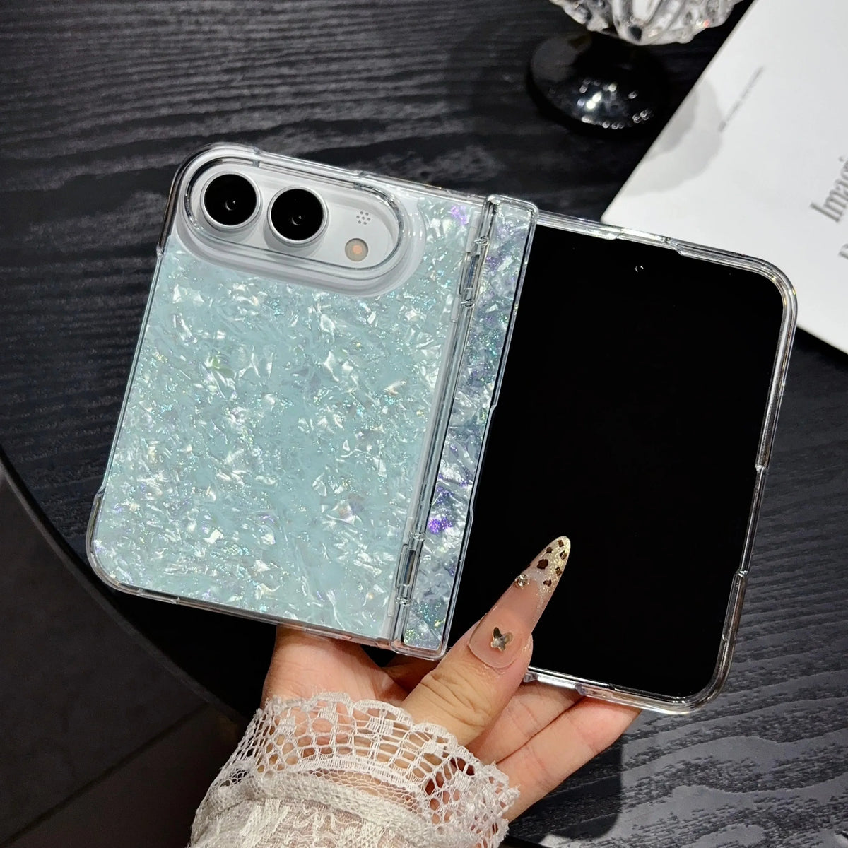 Fashion INS IMD Iridescent Shell Glitter Flip Phone Case For IPhone Duo 18 Fold Skin Feel Hinge Full-protecto Shockproof Cover