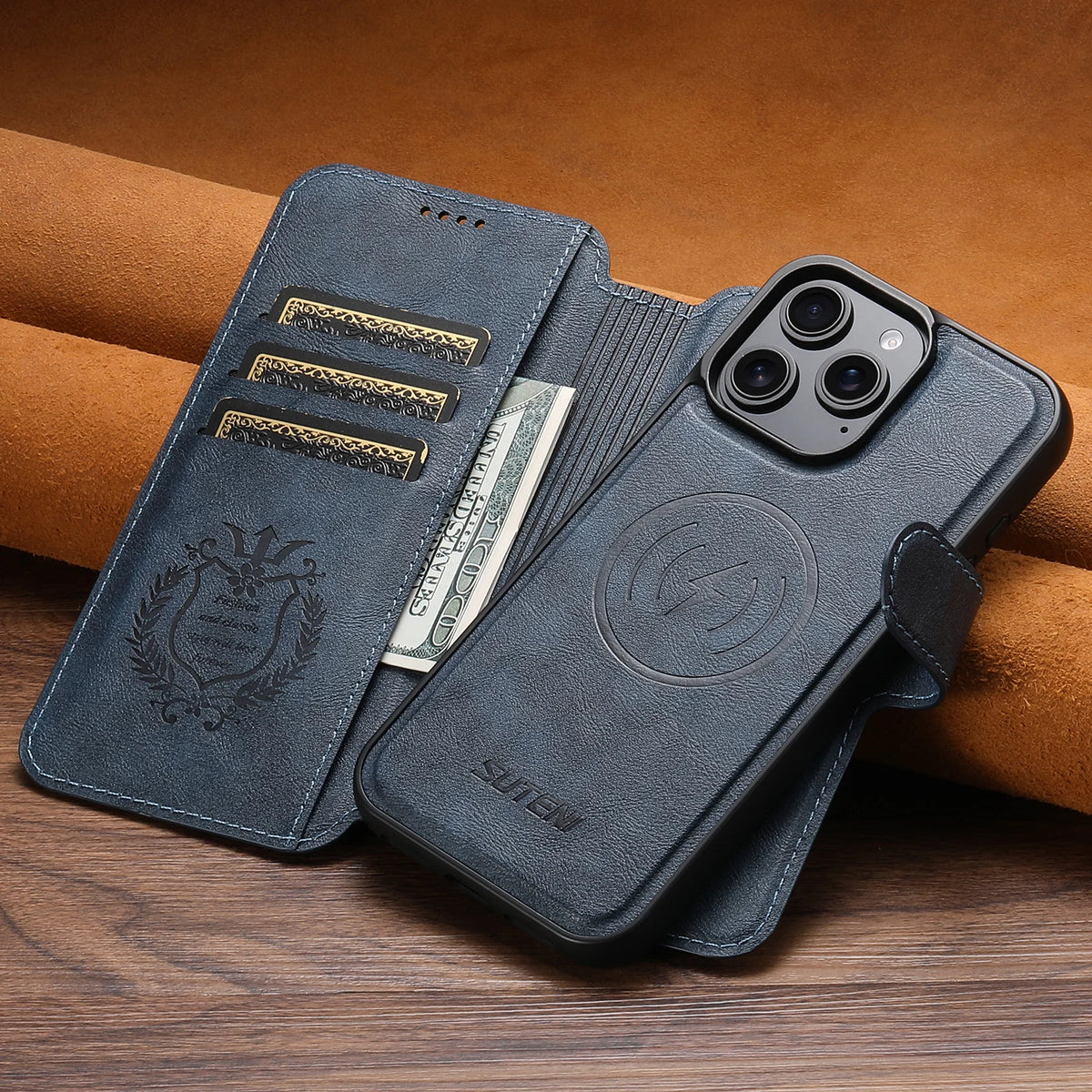 SUTENI Faux Leather Wireless Charging Card Holder Stand Wallet Magnetic Flip Cover Phone Case For iPhone 18 Pro Max 17 16 Plus