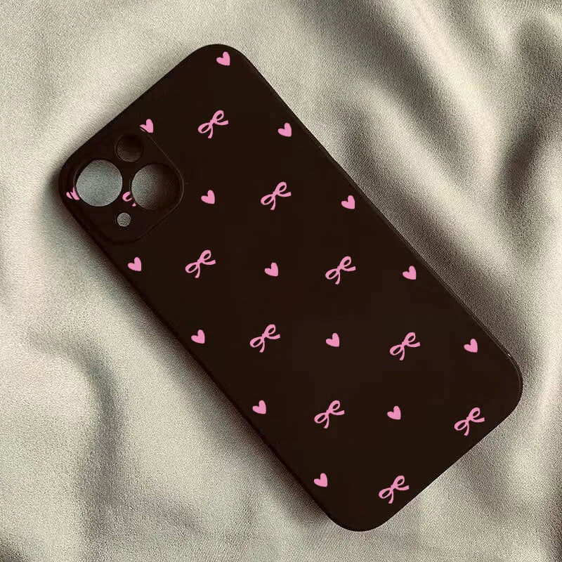 INS Korean Cute Love Heart Bow Phone Case for iPhone 17 16 15 14 13 12 11 Pro Max Mini X XS XR 7 8 Plus SE 16E Shockproof Cover