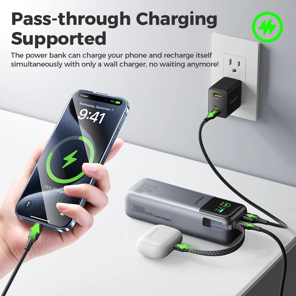PISEN 130W Power Bank With Fast Charging USB-C Cable 20000mAh PD3.0 Powerbank for Laptop Notebook iPhone External Battery