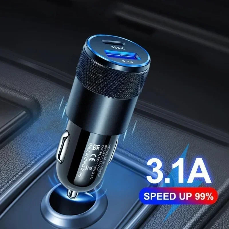 USB C Fast Car Charger,12W 3.1A PD Type C Car Adapter 2 Port USB C Car Plug