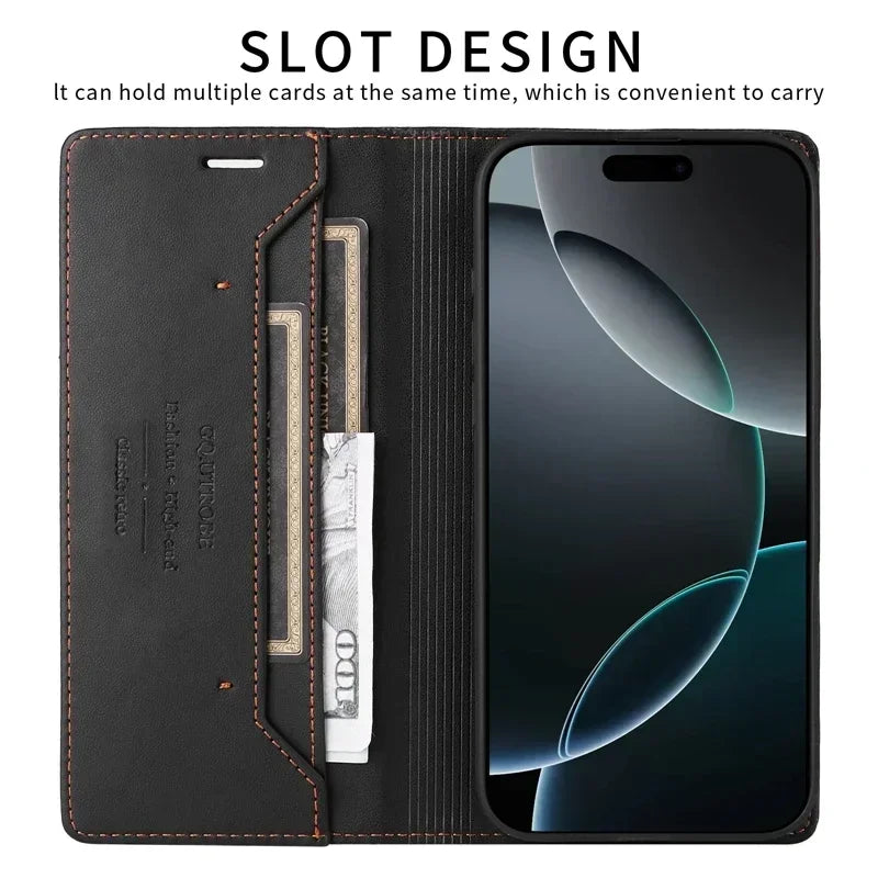Leather Magnetic Flip Case for iPhone 16 17 15 14 13 12 11 Pro Max 17E 16E Air XR XS Max 7 8 Plus SE 2022 Wallet Slot Phone Case