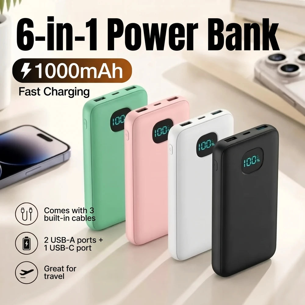 6-in-1 Power Bank 10000mAh PD 12.5W Fast Charging Phone External Battery Powerbank Charger for Xiaomi Poco iPhone Samsung iPad