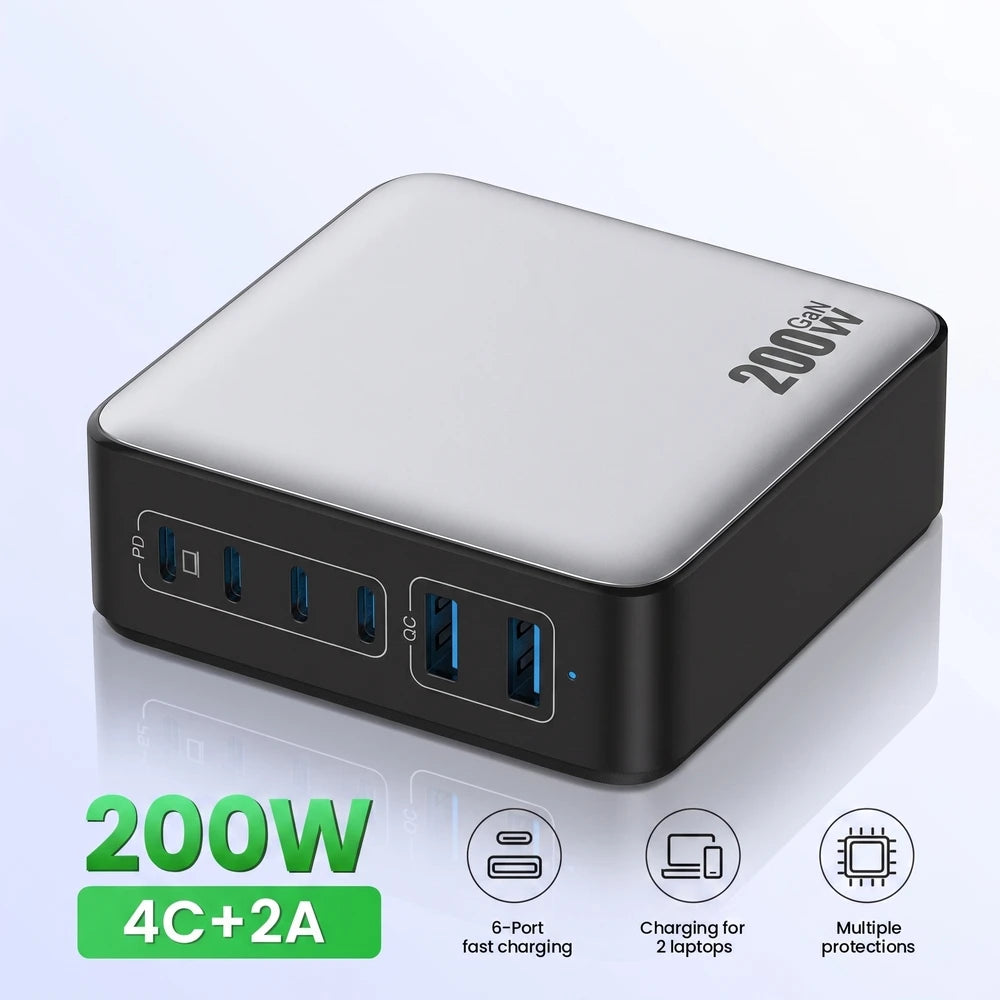 200W GaN Charger PD Fast Charging USB Type C Charger 200W 6 in 1 USBC Power Station For iPhone 16 15 Pro Max Xiaomi 14