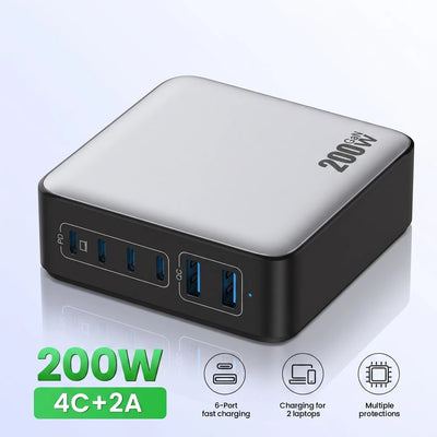 200W GaN Charger PD Fast Charging USB Type C Charger 200W 6 in 1 USBC Power Station For iPhone 16 15 Pro Max Xiaomi 14