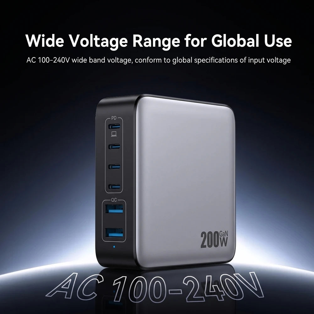 200W GaN Charger PD Fast Charging USB Type C Charger 200W 6 in 1 USBC Power Station For iPhone 16 15 Pro Max Xiaomi 14