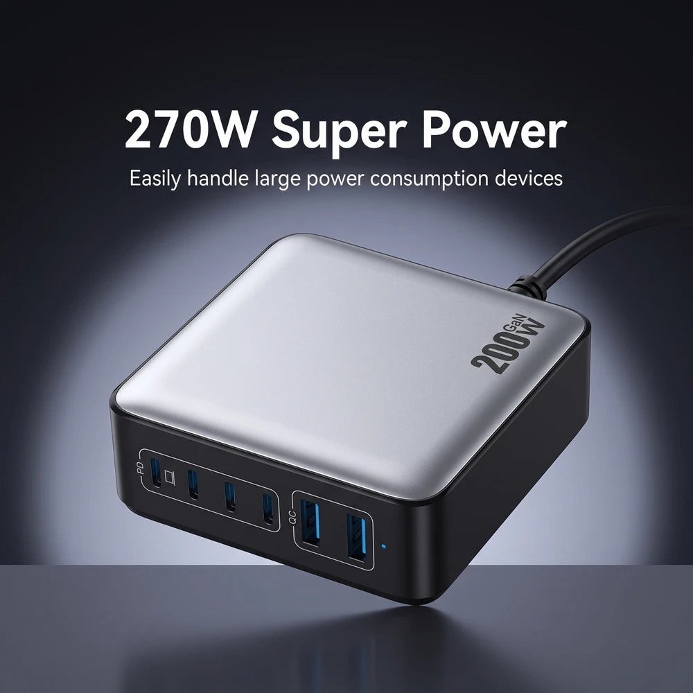 200W GaN Charger PD Fast Charging USB Type C Charger 200W 6 in 1 USBC Power Station For iPhone 16 15 Pro Max Xiaomi 14
