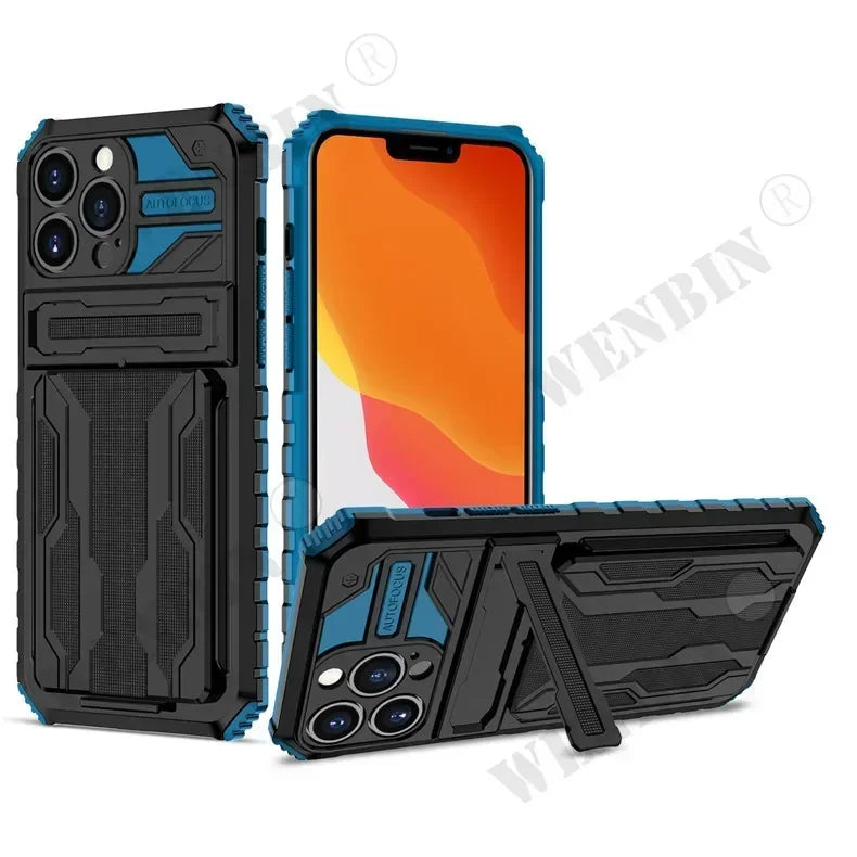 Case For iPhone 16 15 14 13 12 11 Pro Max Plus XR 8 7 Plus Anti Shock KickStand Bracket Card Slot Case
