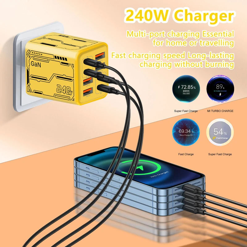 Lenovo 8‑in‑1 240W Multi-Port Charger 4USB 4Type C with PD Fast Charging Charging Station for Smartphone Universal EU US UK Plug