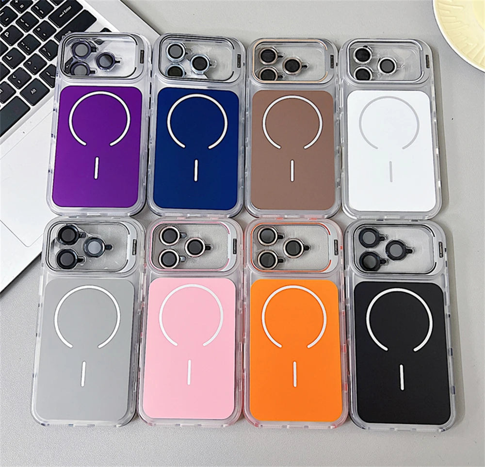Magnetic Lens Bracket Phone Case For iPhone 17 16 15 14 13 12 11 Pro Max XR XS For Magsafe Hard Acrylic Shockproof Bumper Cover
