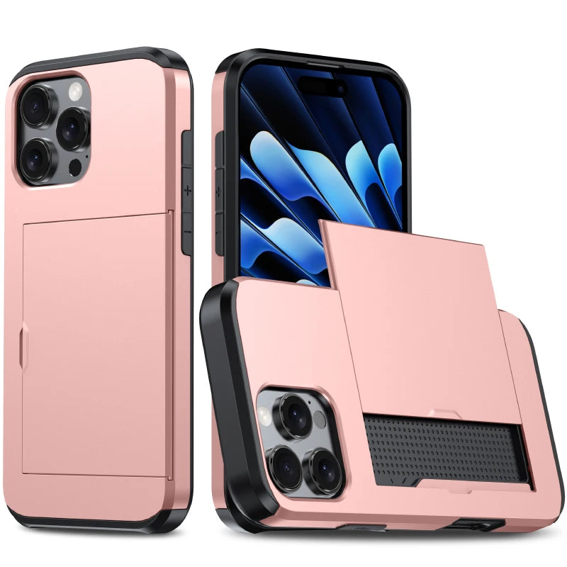 Push Pull Wallet Card Slot Solid Color Shockproof Phone Case For iPhone 16 Pro Max 14 11 12 13 15 Pro Max Mini Bumper Back Cover