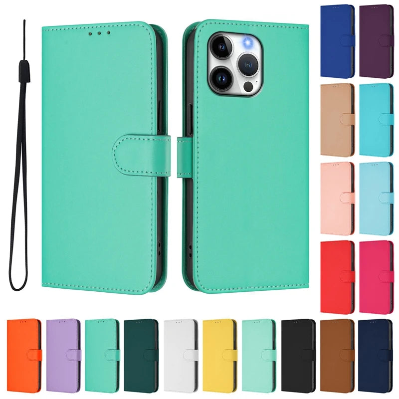 Fashion Candy Solid Color Leather Flip Case For iPhone 14 13 Plus 12 11 Pro Max Funda i Phone 14 Pro 13Pro Max Wallet Cover Case