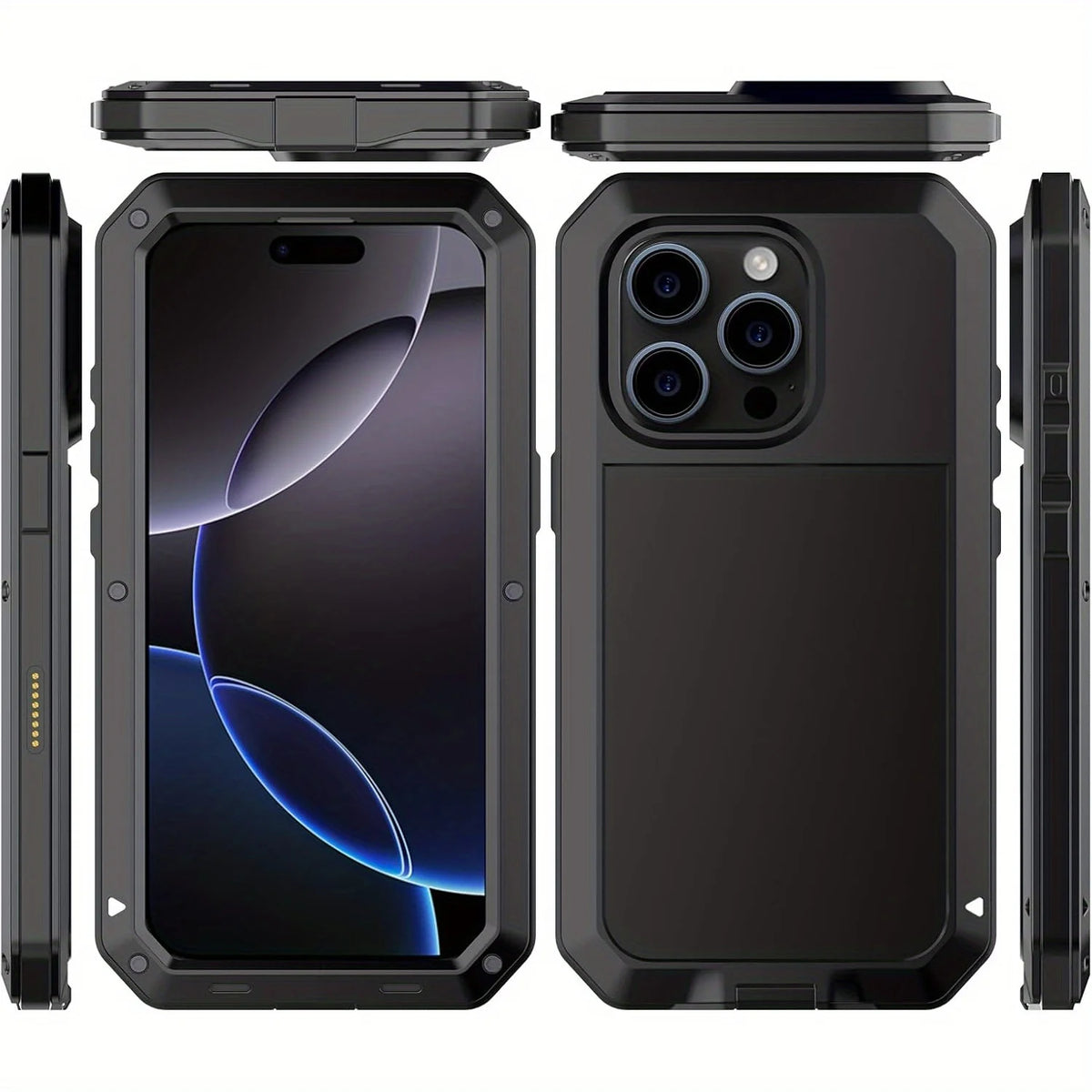 Heavy Duty Metal Armor Phone Case with Built-In Glass Screen Protector, 360° Full Body Rugged Shockproof Dustproof Protective Cover, Compatible with iPhone 18/17/Air/16/15/14/13/12/11, Pro, Pro Max, Plus, Mini, XR, XS, X, SE