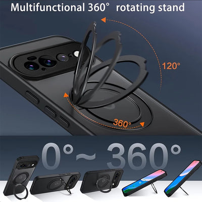 Matte&Clear Magnetic 360° Rotation Stand Case For Google Pixel 11 10 9 Pro XL 8 7 6 Pro 10a 9a 8a 7a 6a Metal Ring Holder Cover