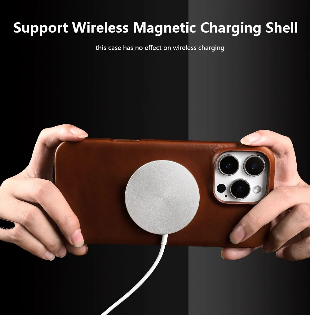 Vintage Full Wrapped Genuine Leather Case for Iphone 18 Pro Max 17 16 15 14 13 12 Business Oil Wax Magnetic Magsafe Phone Cover