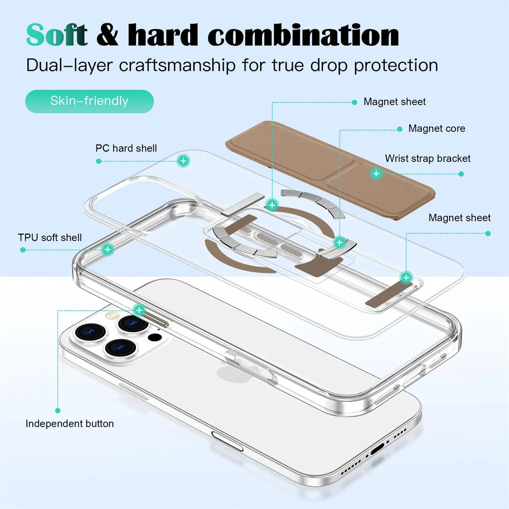 Luxury Folding Wristband Stand Magnetic Phone Case For iPhone 17 18 Pro Max 15 16 Plus 14 13 12 Shockproof Protective Back Cover