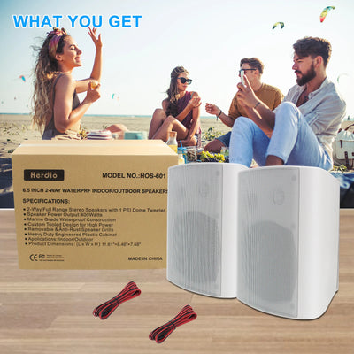 Herdio 6.5 Inch 400W Indoor Outdoor Passive Speakers Wired Waterproof Powerful Bass Wall Mount All-Weather Durability for Patio Garage Covered Deck