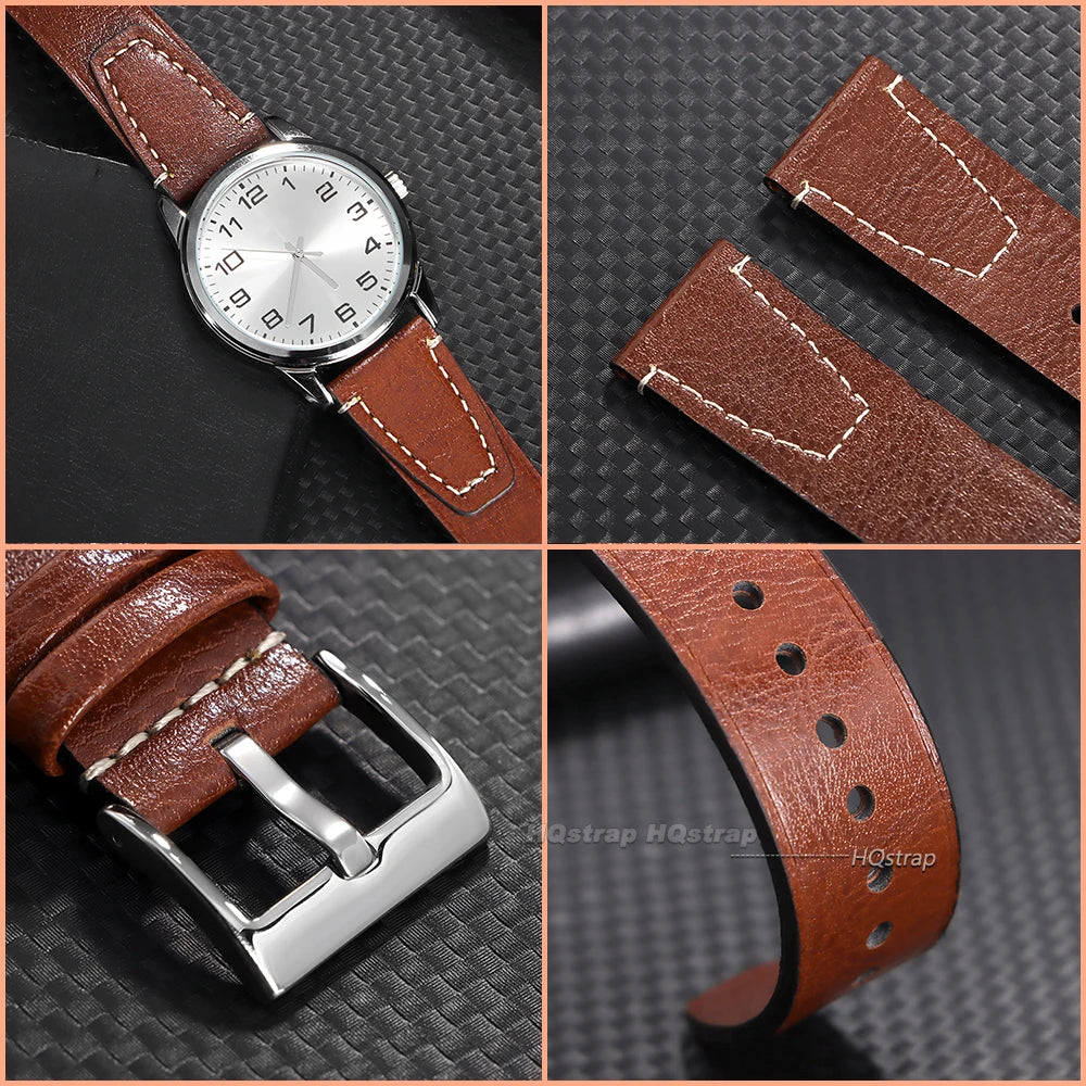 Vintage 20mm 22mm Oil Wax Leather Watch Band for Seiko Smartwatch Brown Stitching Cowhide Strap for Samsung Universal Wrist Band