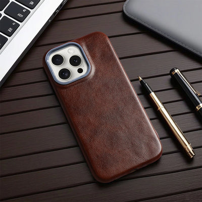 Luxury Classic Retro Textured Metal Frame All Inclusive PU Leather Case For iPhone 15 Pro Max 16 14 Plus 13 12 11