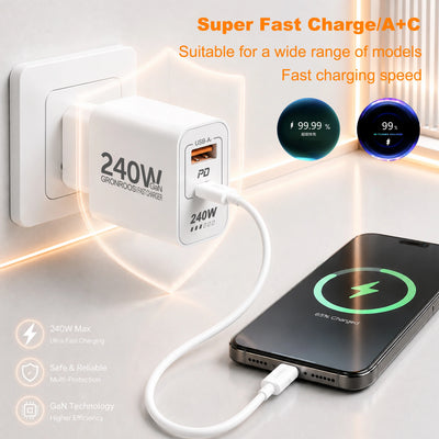 240W GaN PD USB C Charger For iPhone 17 16 15 14 13 12 Pro Max Phone QC 3.0 PD 3.0 USB Type C Fast Charging for Xiaomi poco iPad