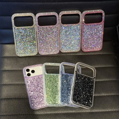 Luxury Sparkling Rhinestone Phone Case, Compatible with iPhone Air/17 Pro Max/16 Pro/15/14/13/12/11, Glitter Acrylic Back Cover, Solid Color Soft-Touch Frame, Large Camera Cutout Protective Case