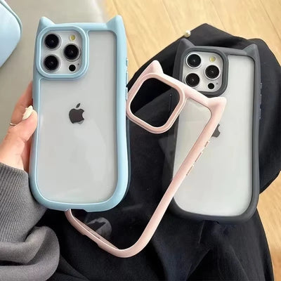 Soft Silicone Cute Cat Ear Phone Case For iPhone 16 17 13 15 14 12 11 Pro Max Air XS Max Funda Transparent Shockproof Back Cover