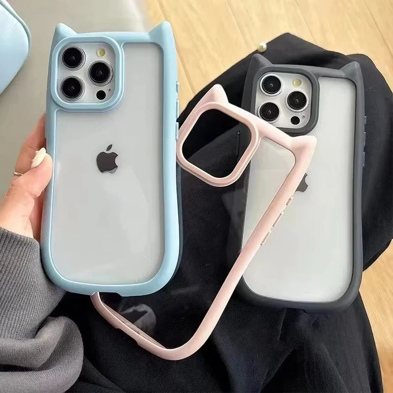 Soft Silicone Cute Cat Ear Phone Case For iPhone 16 17 13 15 14 12 11 Pro Max Air XS Max Funda Transparent Shockproof Back Cover