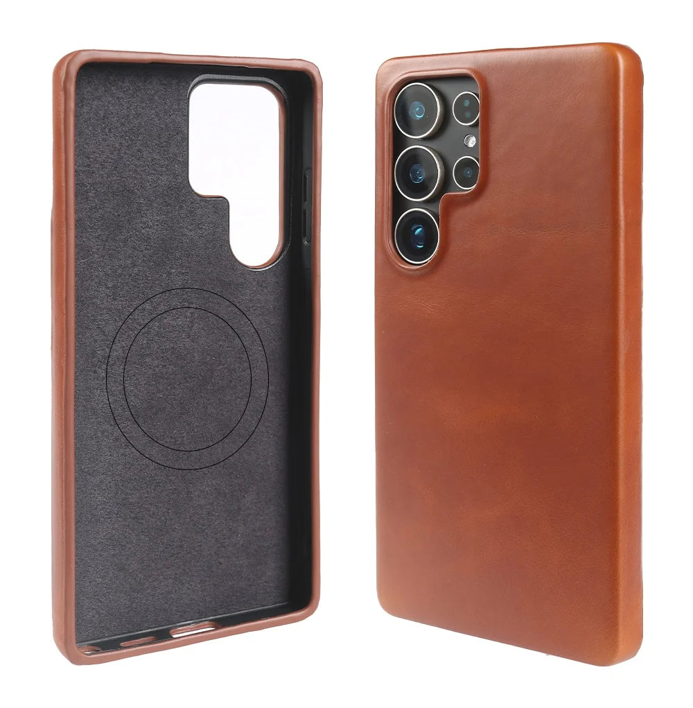 Full Wrapped Magnetic Genuine Leather Phone Case for Samsung Galaxy S25 Edge Cases S24 S23 S22 S21 S26 Wireless Charging Cover