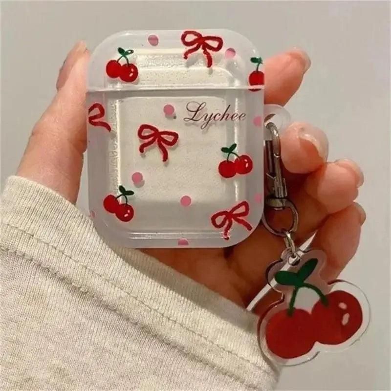 Korean Cute Bow Cherry Earphone Case For Apple Airpods Pro 2 1 Case With Cherry Pendant Silicone Protective Case For Airpods 4 3