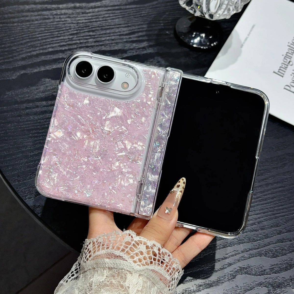 Fashion INS IMD Iridescent Shell Glitter Flip Phone Case For IPhone Duo 18 Fold Skin Feel Hinge Full-protecto Shockproof Cover