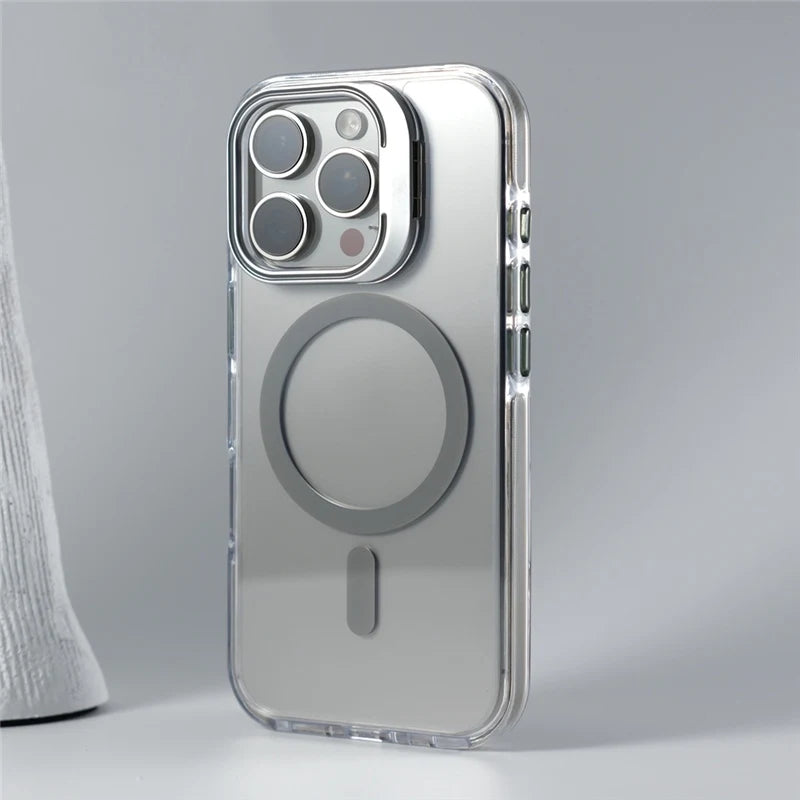 Luxury Camera Lens Holder Clear for Wireless Charge Magsafe Cases For iPhone 18Pro 17 16 15Pro Max Clear Shockproof Cover