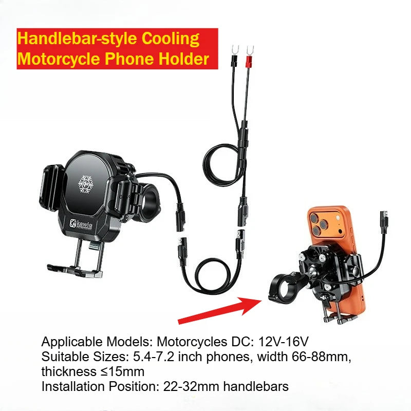 Motorcycle Phone Holder with Cooling Fan 15W Qi Wireless Charging 36W USB-C Fast Charge Anti-Vibration Aluminum Bike Mount