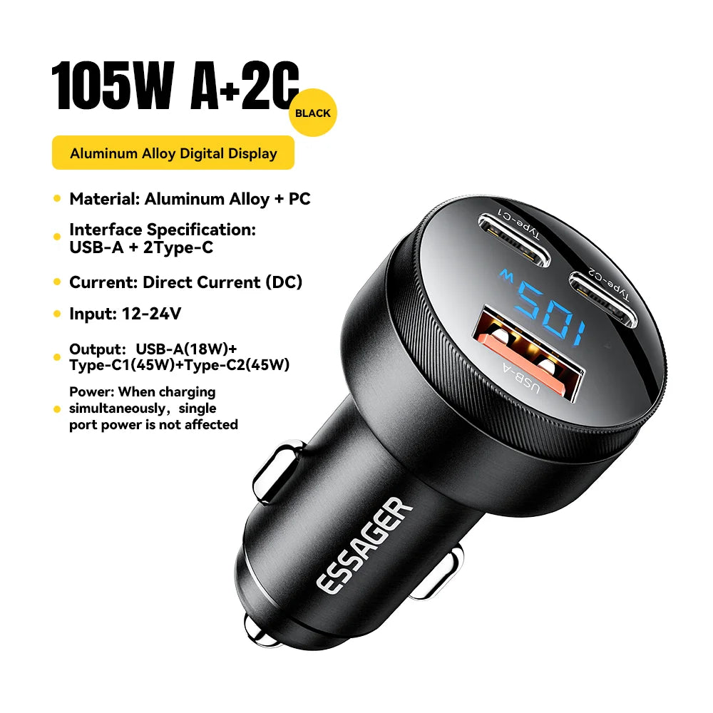 Essager 105W Digital Display Fast Car Charger For iPhone 15 14 pro MacBook USB A C Quick Charger For Huawei Xiaomi Samsung OPPO