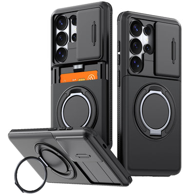Armor Case For Samsung Galaxy S26 S25 S24 S23 S22 Ultra Plus S25FE S24FE Slide Camera Protect Ring Holder With Card Cover Funda