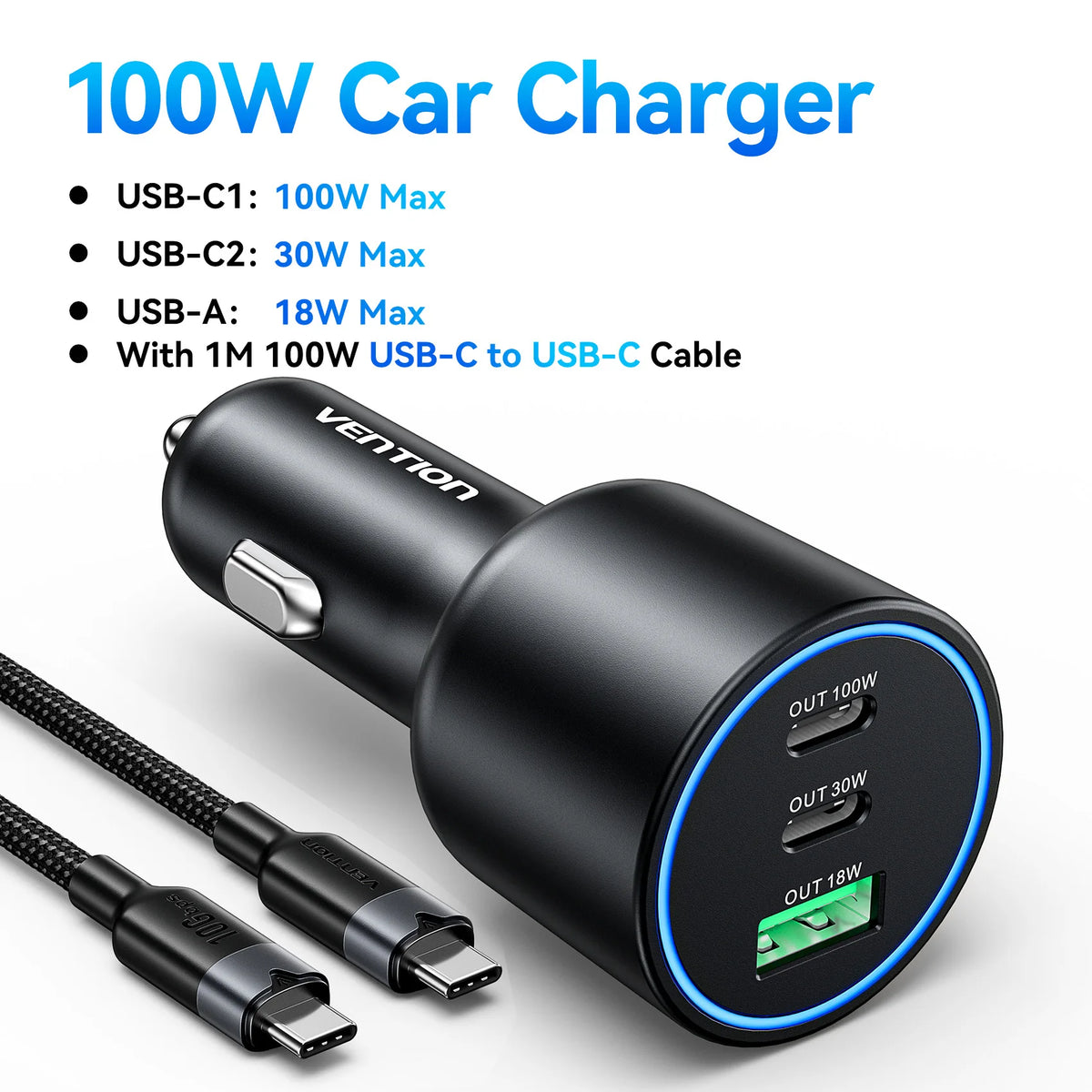 Vention 130W Car Charger USB Type C QC 4.0 PPS PD 30W Fast Charging USB C Car Phone Charger for iPhone 16 15 Pro Samsung Macbook