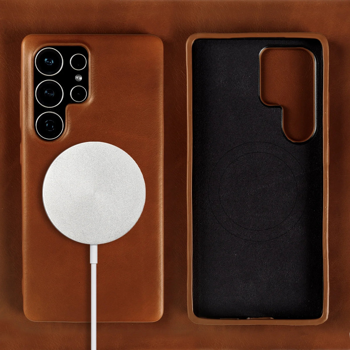Full Wrapped Magnetic Genuine Leather Phone Case for Samsung Galaxy S25 Edge Cases S24 S23 S22 S21 S26 Wireless Charging Cover