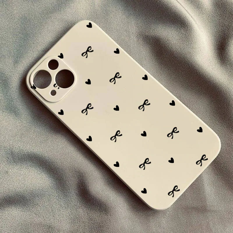 INS Korean Cute Love Heart Bow Phone Case for iPhone 17 16 15 14 13 12 11 Pro Max Mini X XS XR 7 8 Plus SE 16E Shockproof Cover