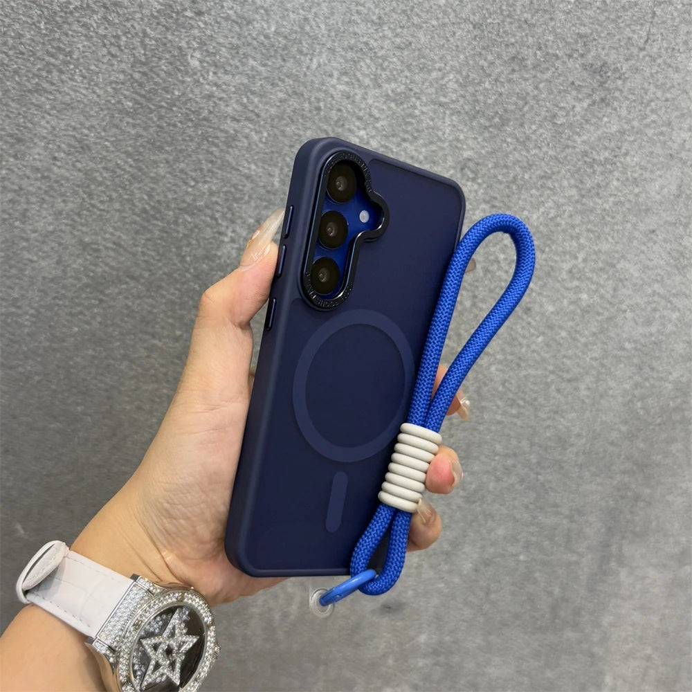 Luxury Matte Magnetic Lanyard Case for Samsung Galaxy S26 S25 Ultra S23 Plus S24 FE Hand Wrist Strap Frosted Shockproof Cover