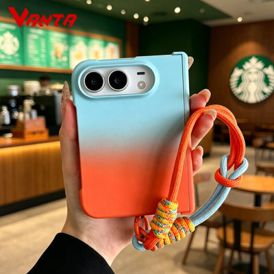 For iPhone Duo 2026 Luxury Gradient Color Hinge Protection Phone Case for iPhone DUO 18 Ultra 18Fold Wrist Strap Lanyard Cover
