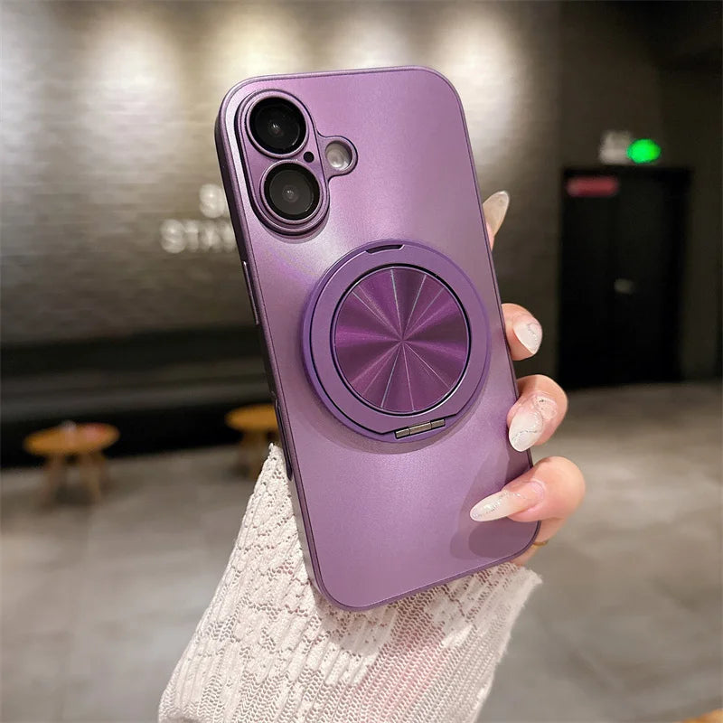 360 degree Rotatable Magsafe Ring Holder Case For iPhone 16 Pro Max 16 Plus 15 Pro 14 13 12 11 Frosted Plating Lens Film Cases