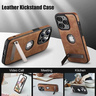 PU Leather Phone Case with Kickstand for iPhone 17 16 15 Pro Max 14 Plus 13 12 11 Mini Soft Grip Luxury Back Cover with Stand