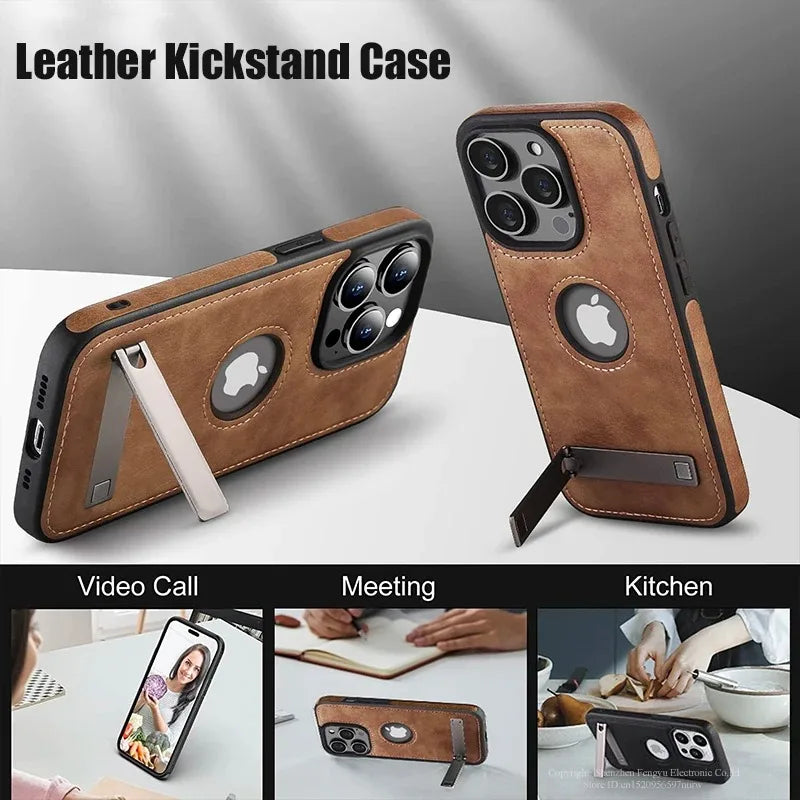 PU Leather Phone Case with Kickstand for iPhone 17 16 15 Pro Max 14 Plus 13 12 11 Mini Soft Grip Luxury Back Cover with Stand