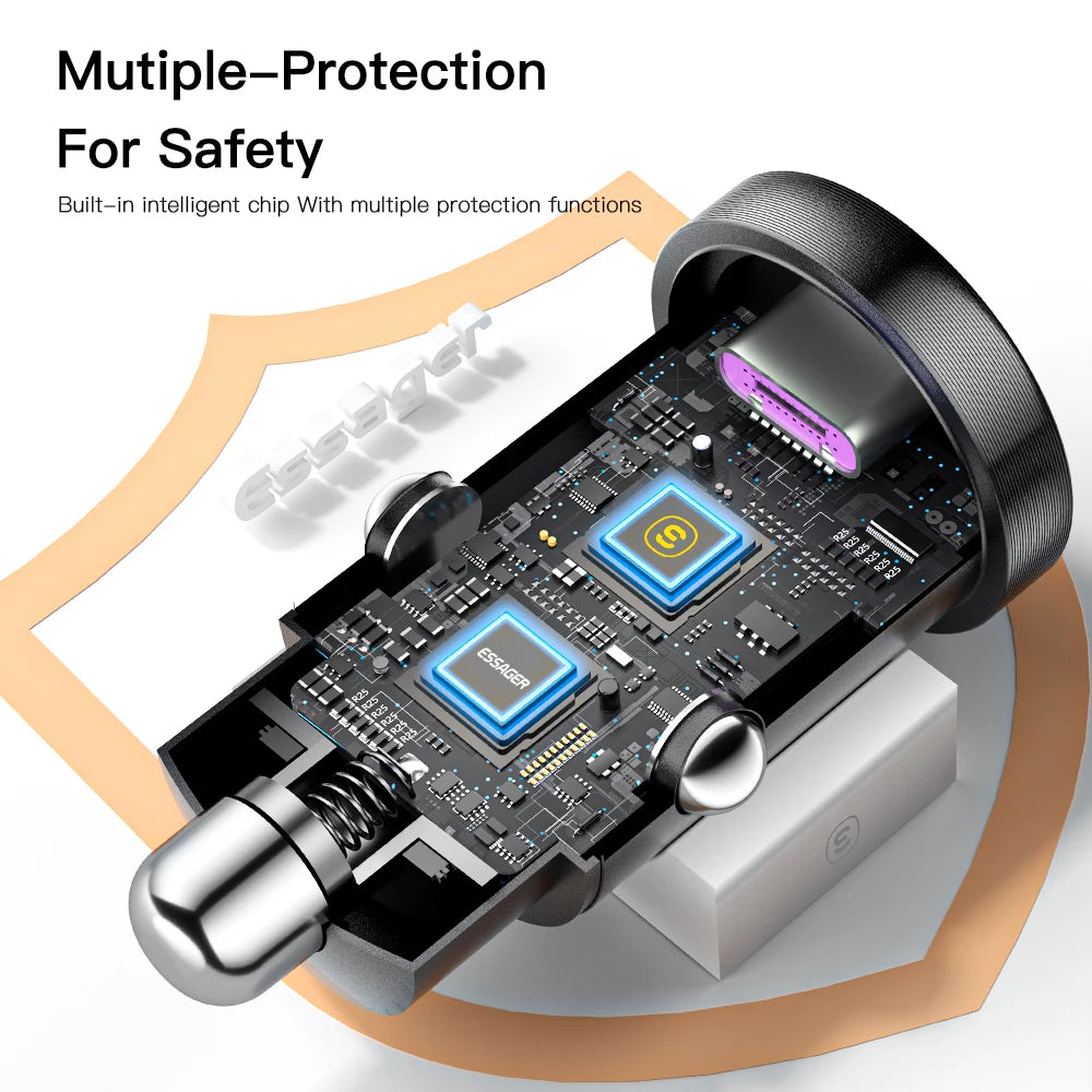 Essager 30W Car Charger QC 4.0 and QC 3.0 for Xiaomi Huawei Supercharge SCP Samsung AFC PD Fast Charging for IP USB C Phone Char