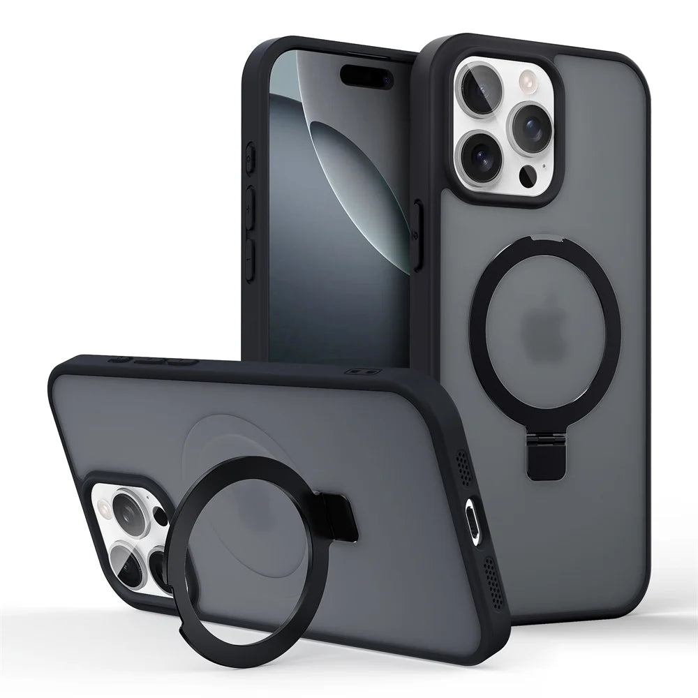 Shockproof Magnetic Kickstand Matte Case For iPhone 16 15 14 Plus 13 12 11 Pro Max Case With Holder Stand Cover for Magsafe