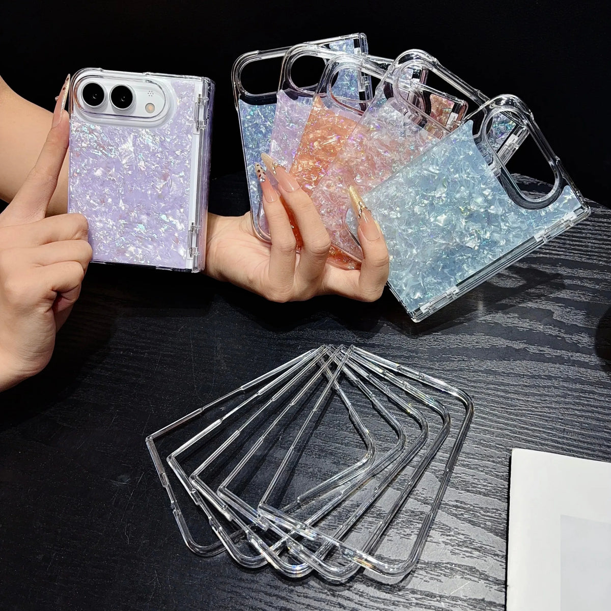 Fashion INS IMD Iridescent Shell Glitter Flip Phone Case For IPhone Duo 18 Fold Skin Feel Hinge Full-protecto Shockproof Cover