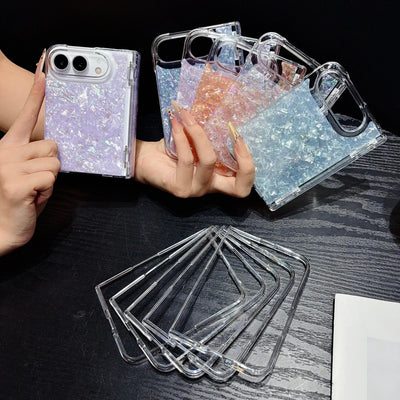 Fashion INS IMD Iridescent Shell Glitter Flip Phone Case For IPhone Duo 18 Fold Skin Feel Hinge Full-protecto Shockproof Cover
