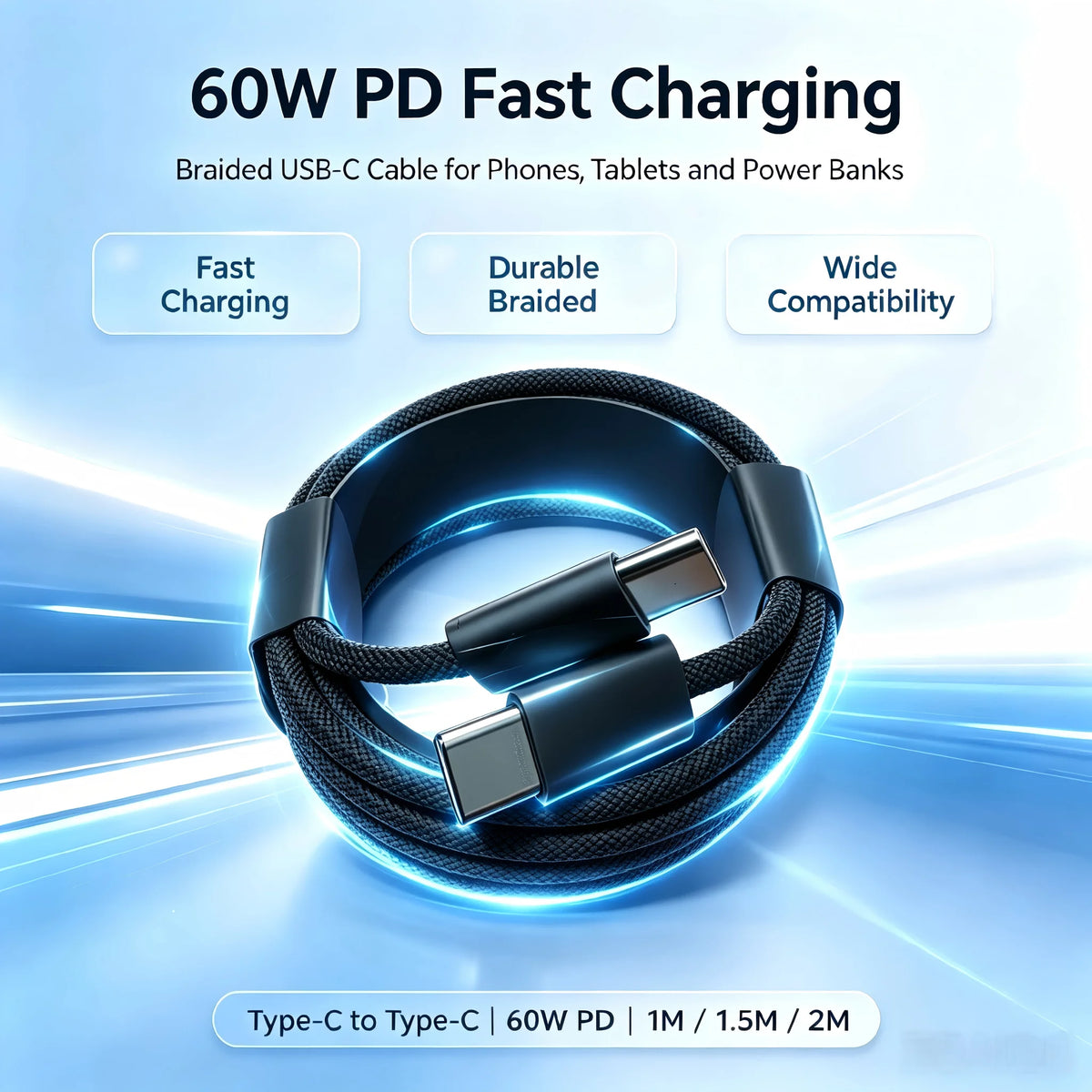 60W PD USB-C to C Fast Charging Braided Low Temp Fast Charging Cable 1M For iPhone 15 16 17 For Xiaomi  For Huawei For Samsung